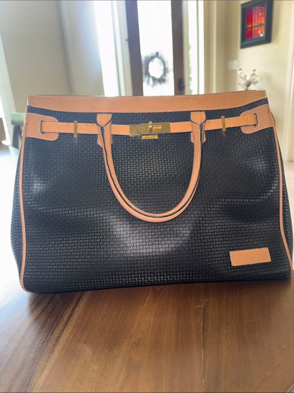 Bally Black and Tan Structured Top Handle Bag with Gold Hardware